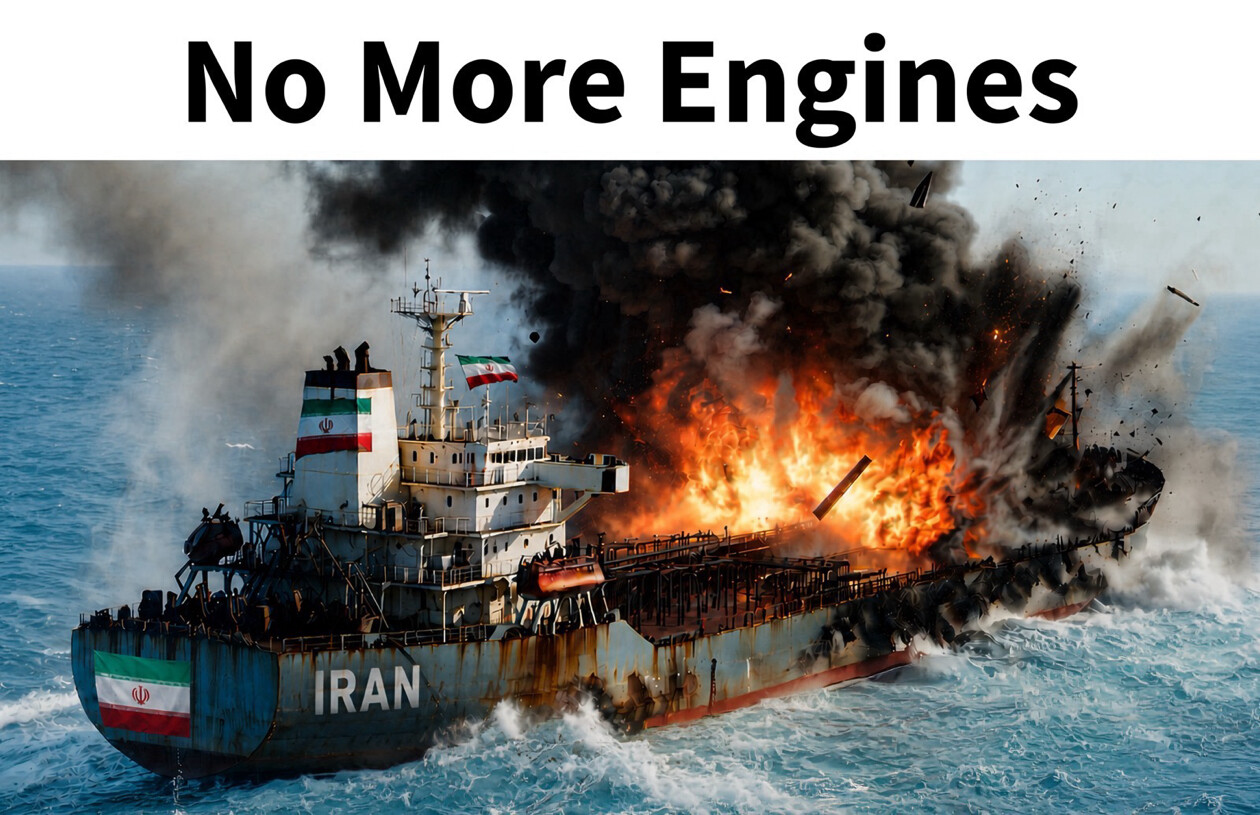 A graphic depicting a ship exploding with the text "No More Engines மு IRAN" is shared at WASHINGTON D.C. on 07/26/2026.