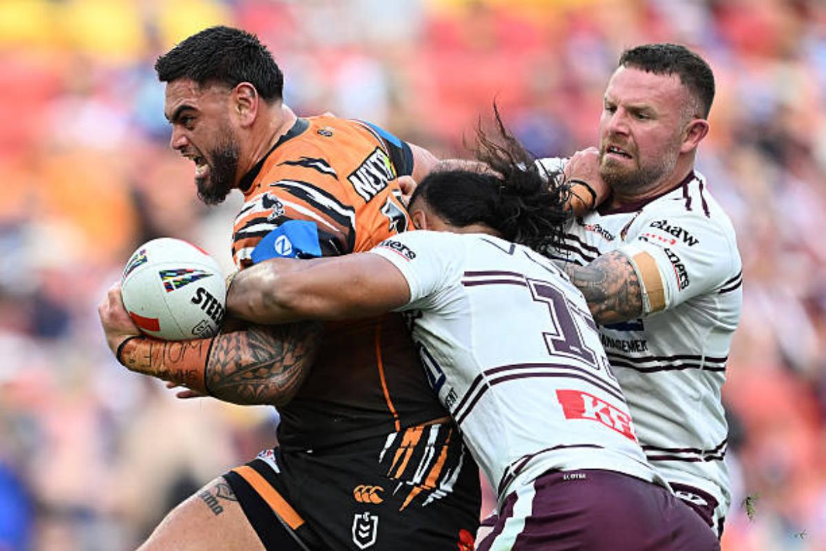 Wests Tigers prop Royce Hunt takes a tackle during NRL match against Manly Sea Eagles at Sancorp Stadium in Brisbane, May 16, 2026. Photo: Hannah Peters/Getty Images