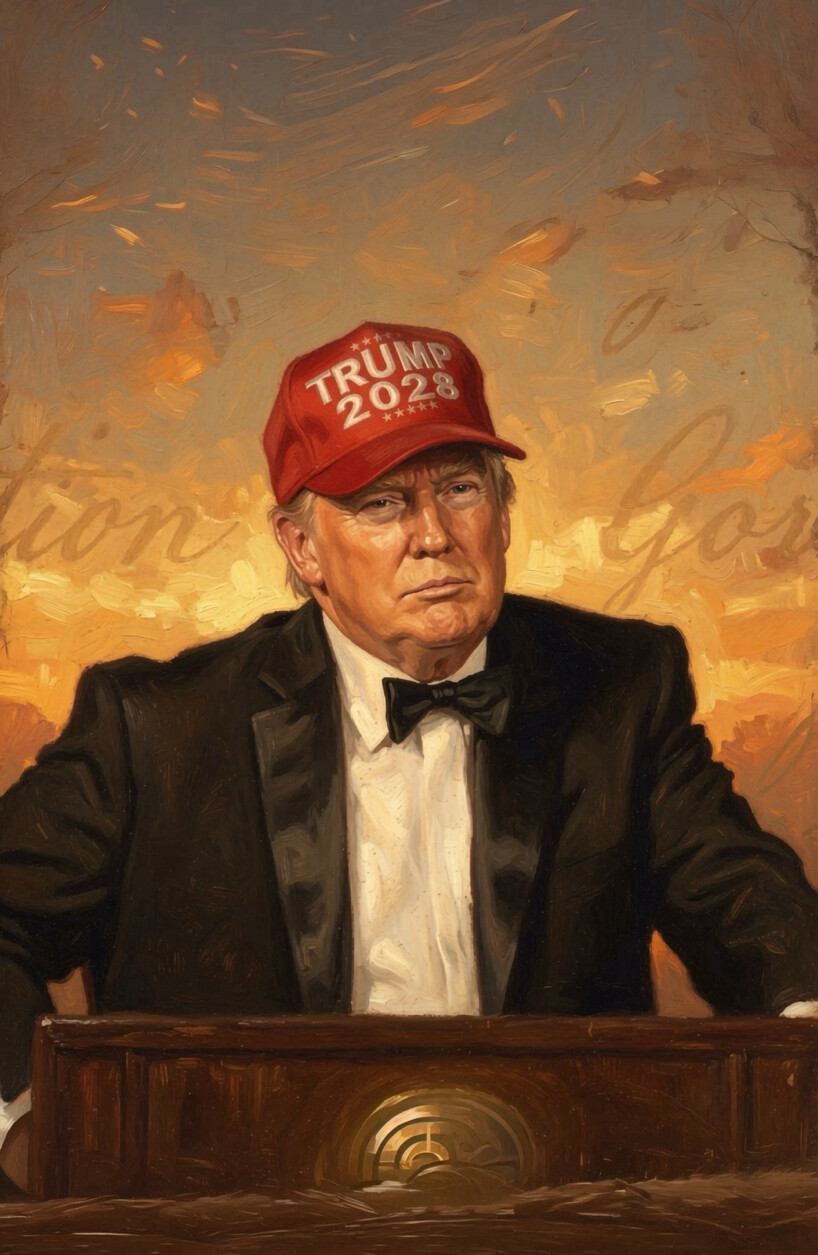 A watercolor portrait of former President Donald J. Trump, featuring the text 'TRUMP 2028', is displayed at WASHINGTON D.C.