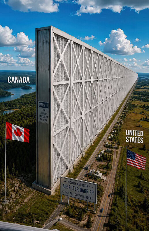 A digital rendering of a colossal air-filter wall along the U.S.-Canada border depicts a lattice barrier between forested terrain at Washington D.C. on 07/26/2026.