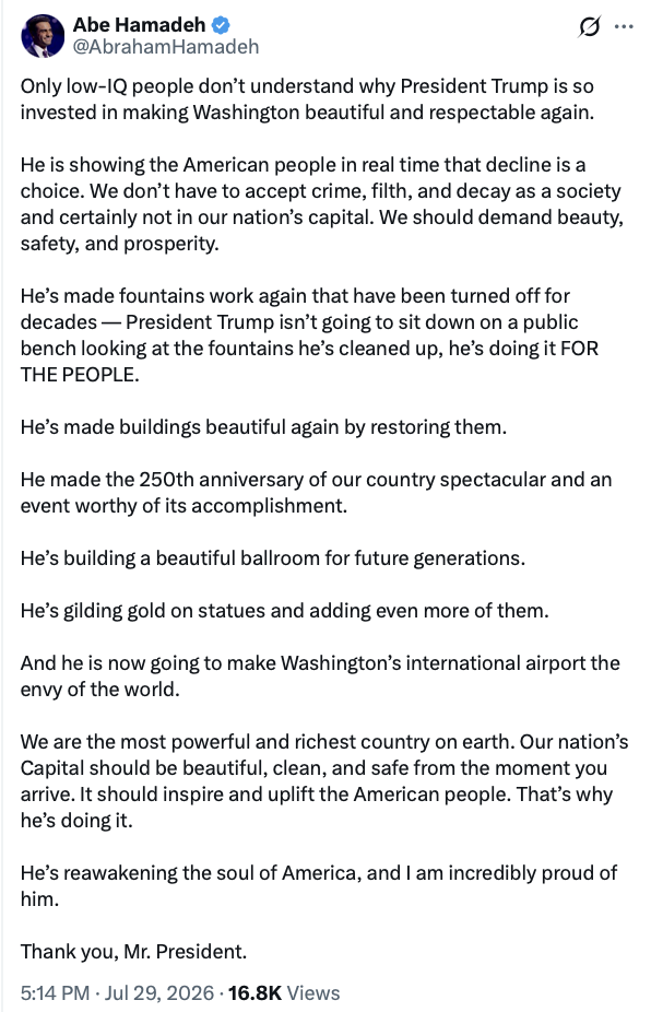 A screenshot of a Truth Social post by Abe Hamadeh shows his written praise for President Donald J. Trump's Washington D.C.