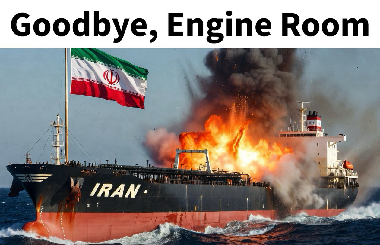 A screenshot of a social media post by President Donald J. Trump shows a doctored image of a burning cargo ship marked "IRAN" at WASHINGTON D.C.