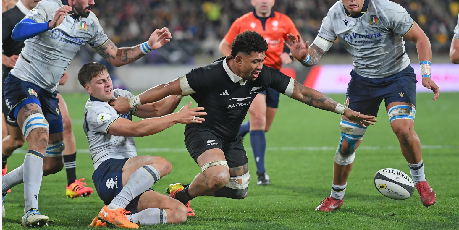 Will Jordan of New Zealand runs in to score his team's sixth try during the Nations Championship match between New Zealand All Blacks and Italy at Hnry Stadium on July 11, 2026 in Wellington, New Zealand. Morgan Hancock - Nations Championship/Nations Championship via Getty Images