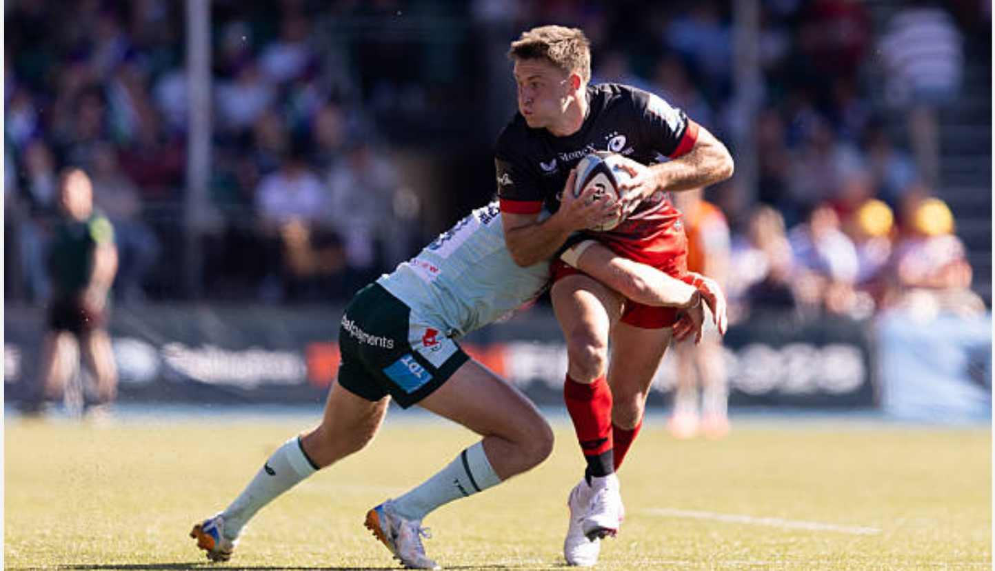 Fergus Burke of Saracens is tackled by Izaia Perese of Leicester Tigers during the Gallagher PREM match between Saracens and Leicester Tigers on April 25, 2026 in Barnet, England. Gaspafotos/MB Media/Getty Images