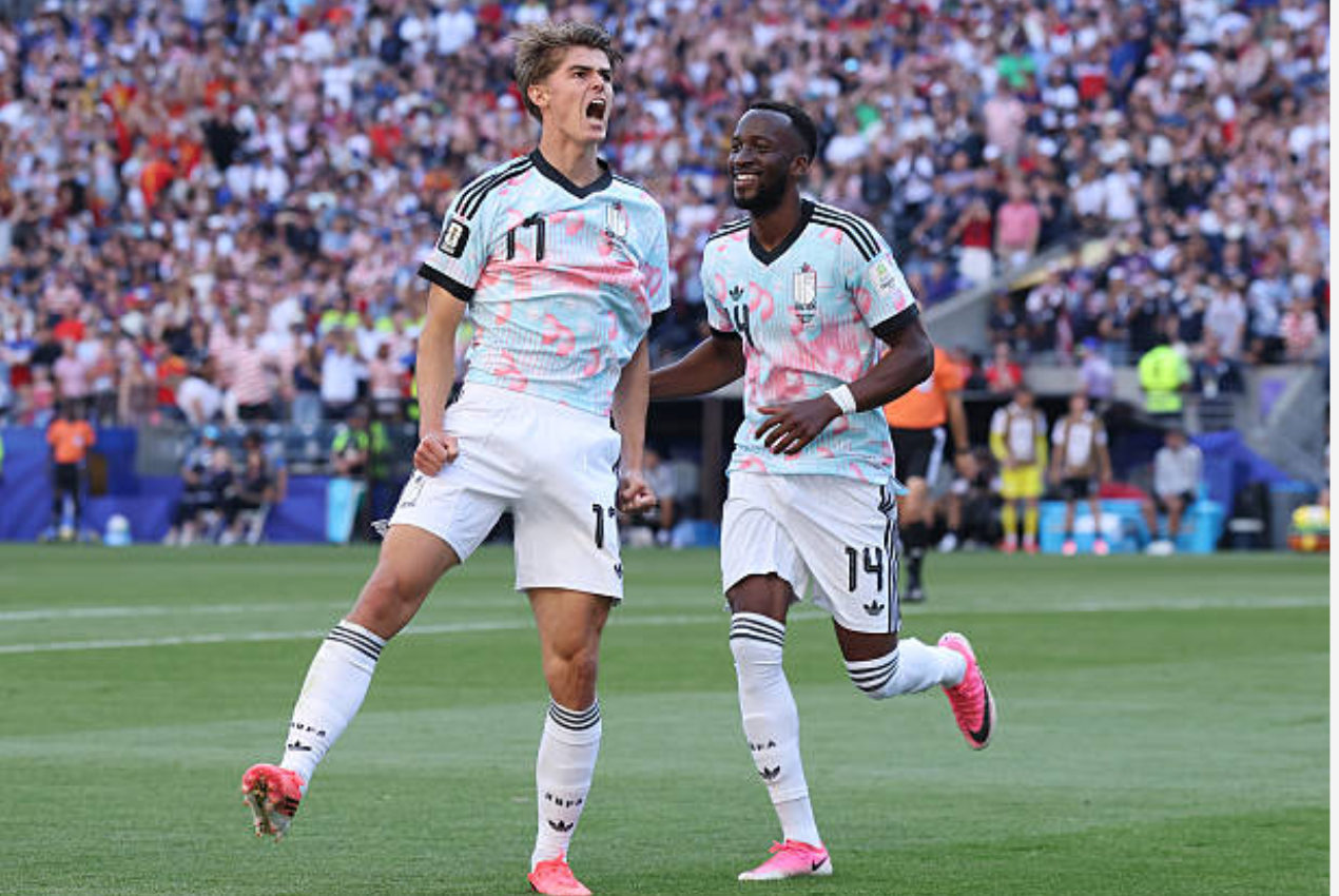 Charles De Ketelaere #17 of Belgium celebrates after scoring his team's first goal during the FIFA World Cup 2026 Round of 16 match between USA and Belgium in Seattle Stadium on July 06, 2026 in Seattle, Washington. Alex Grimm/Getty Images