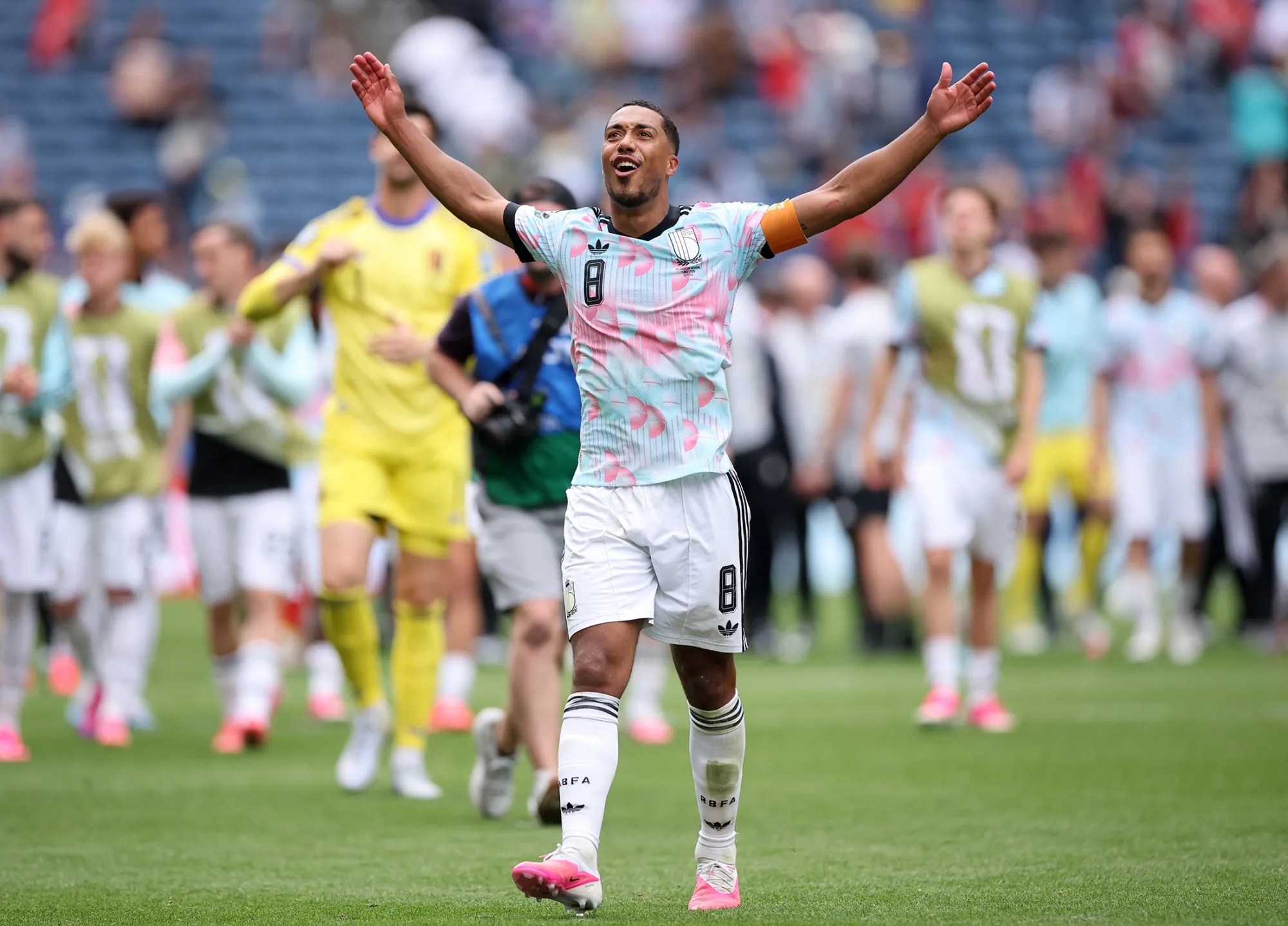 Youri Tielemans celebrates after scoring two for Belgium to push through to last 16 at the FIFA World Cup in Seattle Stadium, Seattle on July 1, 2026 at 6:42 PM. Photo: Alex Grimm/Getty Images