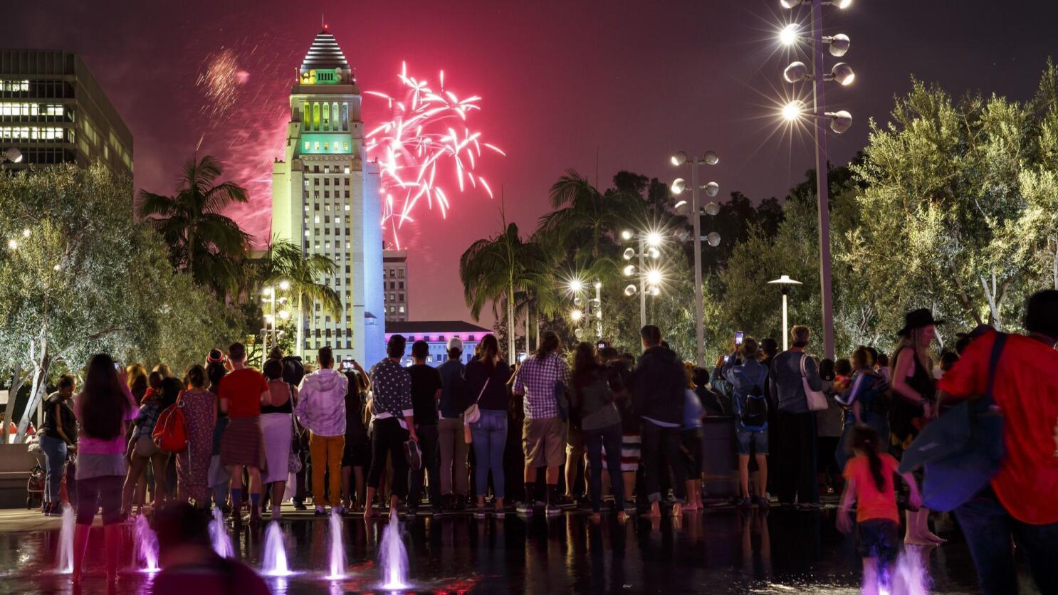People in a celebratory mood in Los Angeles on July 4, 2026 at 9:37 PM. Photo: AP/Reuters