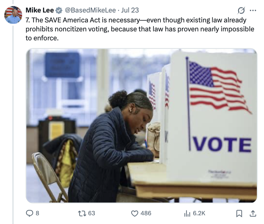 A screenshot of a social media post by Senator Mike Lee features text advocating for the SAVE America Act in Washington D.C. on 07/28/2026.