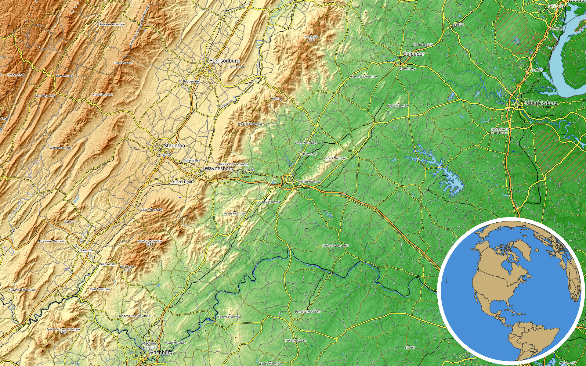 OpenTopoMap / Natural Earth - Charlottesville, Virginia