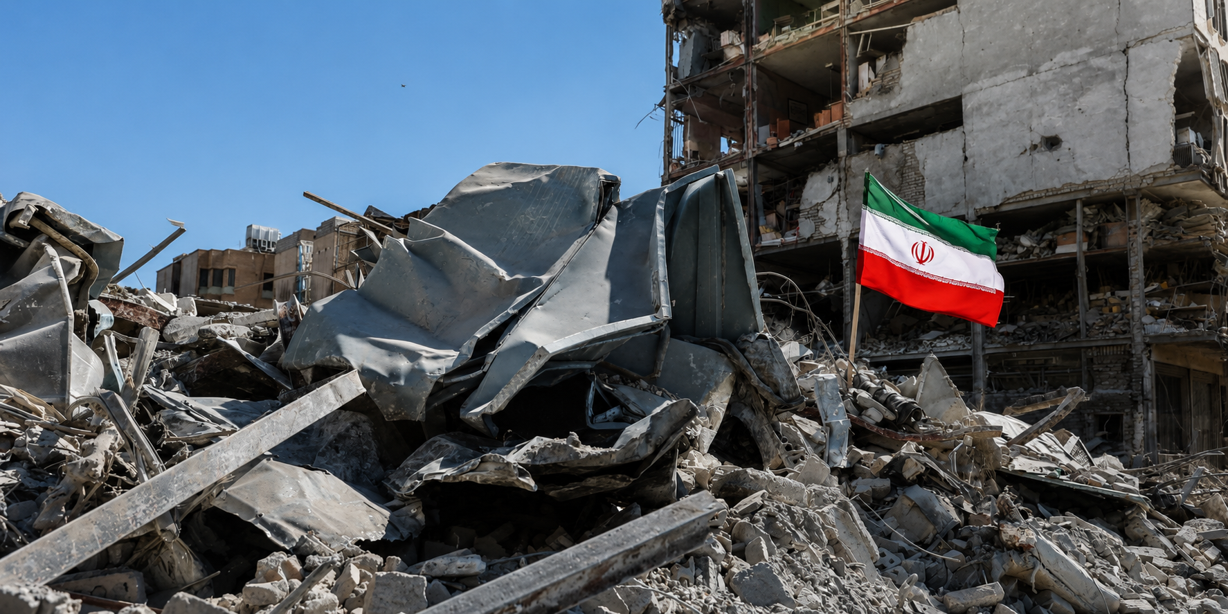 Iranian flag stand amid the rumble of destruction in Iran on February 28, 2026 at 1:25 PM. © Zenger.News