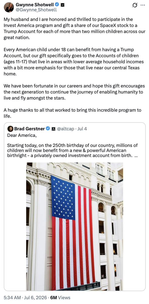 A screenshot of a social media post by Gwynne Shotwell is displayed on Truth Social on 07/27/2026. The post, amplified by President Donald J.