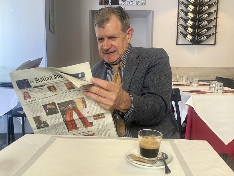 Italian Insider Editor John Phillips holding a newspaper of his publication. Phillips was charged for defamation of the UN FAO by an Italian court. (COURTESY/JOHN PHILLIPS)