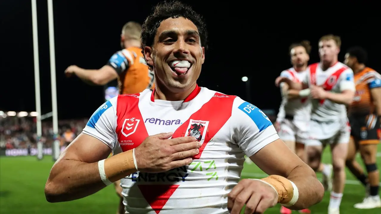 All smiles in the Dragons' lair after beating the Tigers for just win number two of the 2026 season in | Photo: NRL Photos