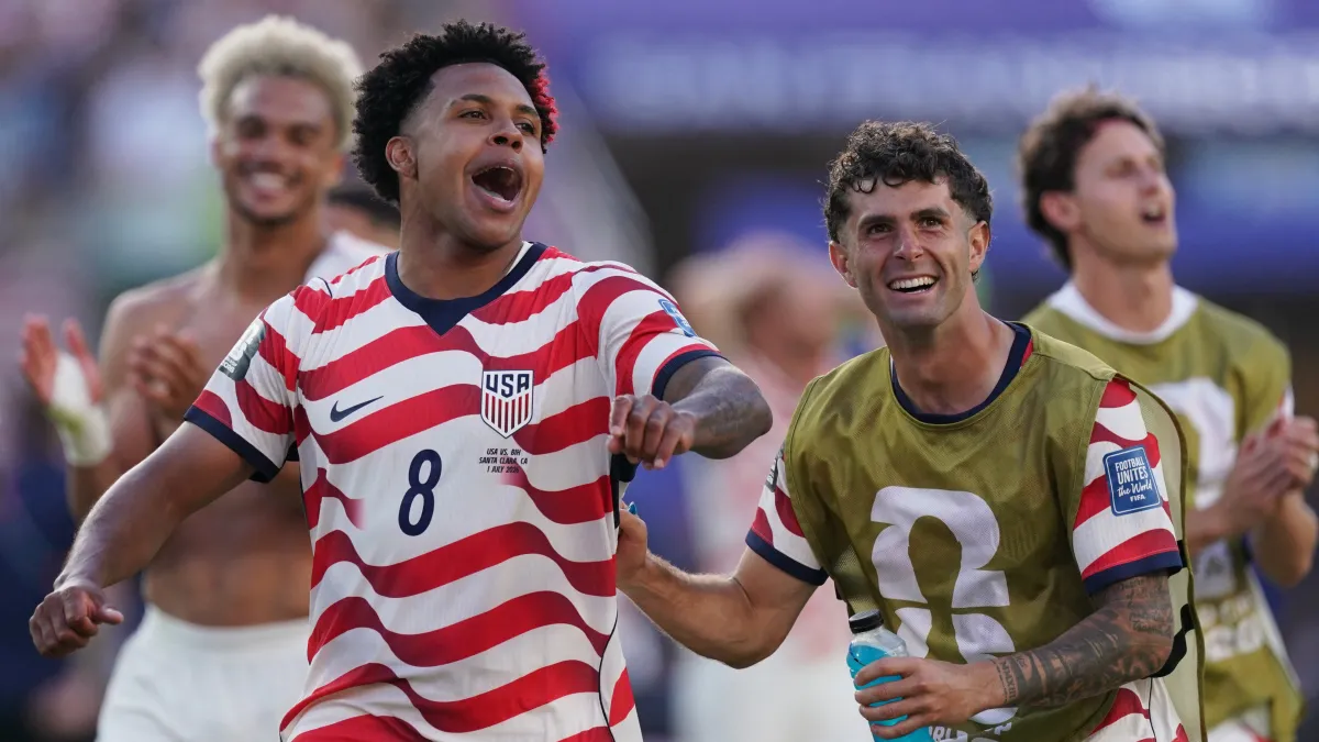 Weston McKennie and Christian Pulisic celebrate the United States' win over Bosnia and Herzegovina in Levi's Stadium, Santa Clara, California on July 1, 2026 at 9:49 AM