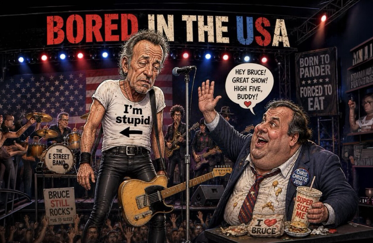 A poster with text including "BORED IN THE USA" and "THE E STREET BAND" is displayed at Washington D.C. on 07/26/2026.