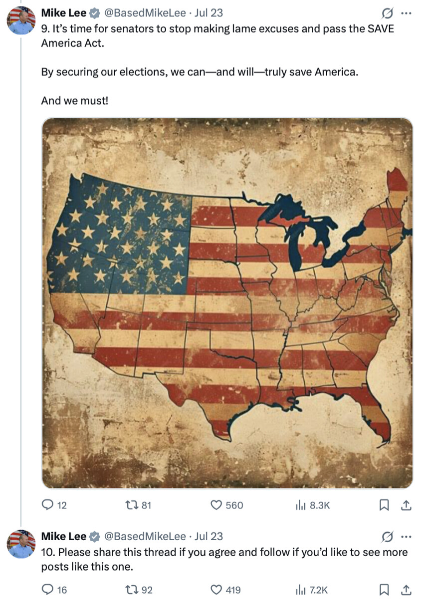 Senator Mike Lee posted on Truth Social at Washington D.C. on 07/23/2026.