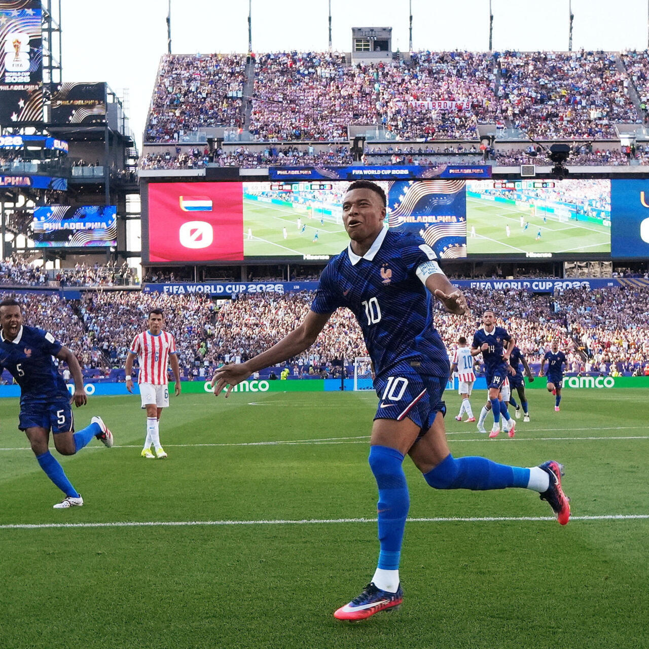 France forward Kylian Mbappé Celebrates after scoring against Paraguay in the FIFA World Cup Round of 16 in Philadelphia, Pennsylvania, USA on July 5, 2026 at 8:55 AM. Photo: Omar Aziz/Reuters. © 2026