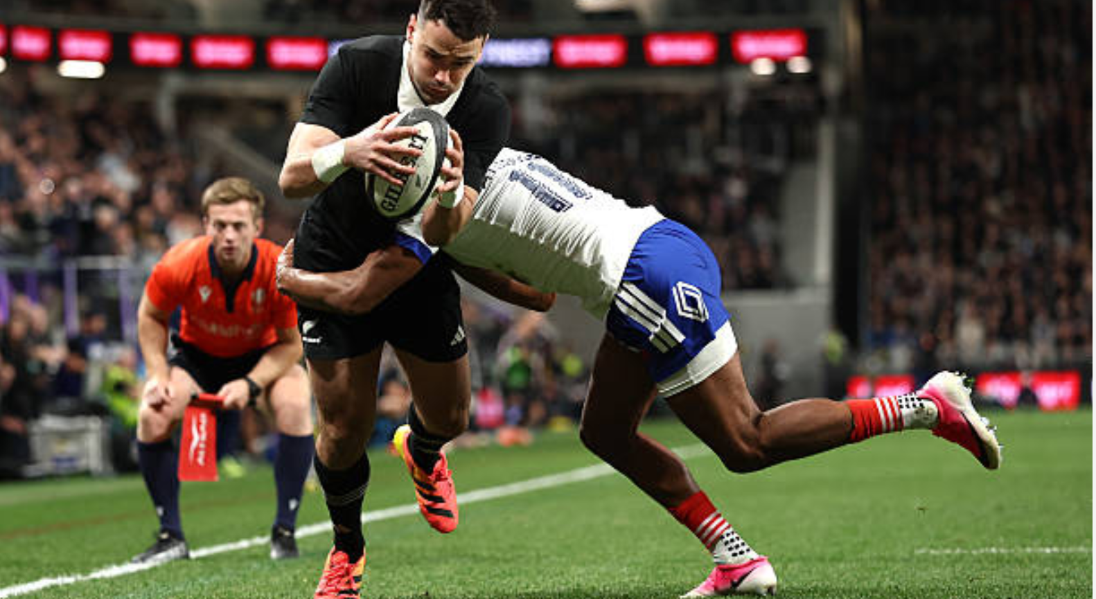 Will Jordan of the New Zealand All Blacks scores a try during the Nations Championship match between New Zealand All Blacks and France at One New Zealand Stadium in Christchurch, New Zealand on July 4, 2026 at 8:30 PM. Photo: Phil Walter/Getty Images