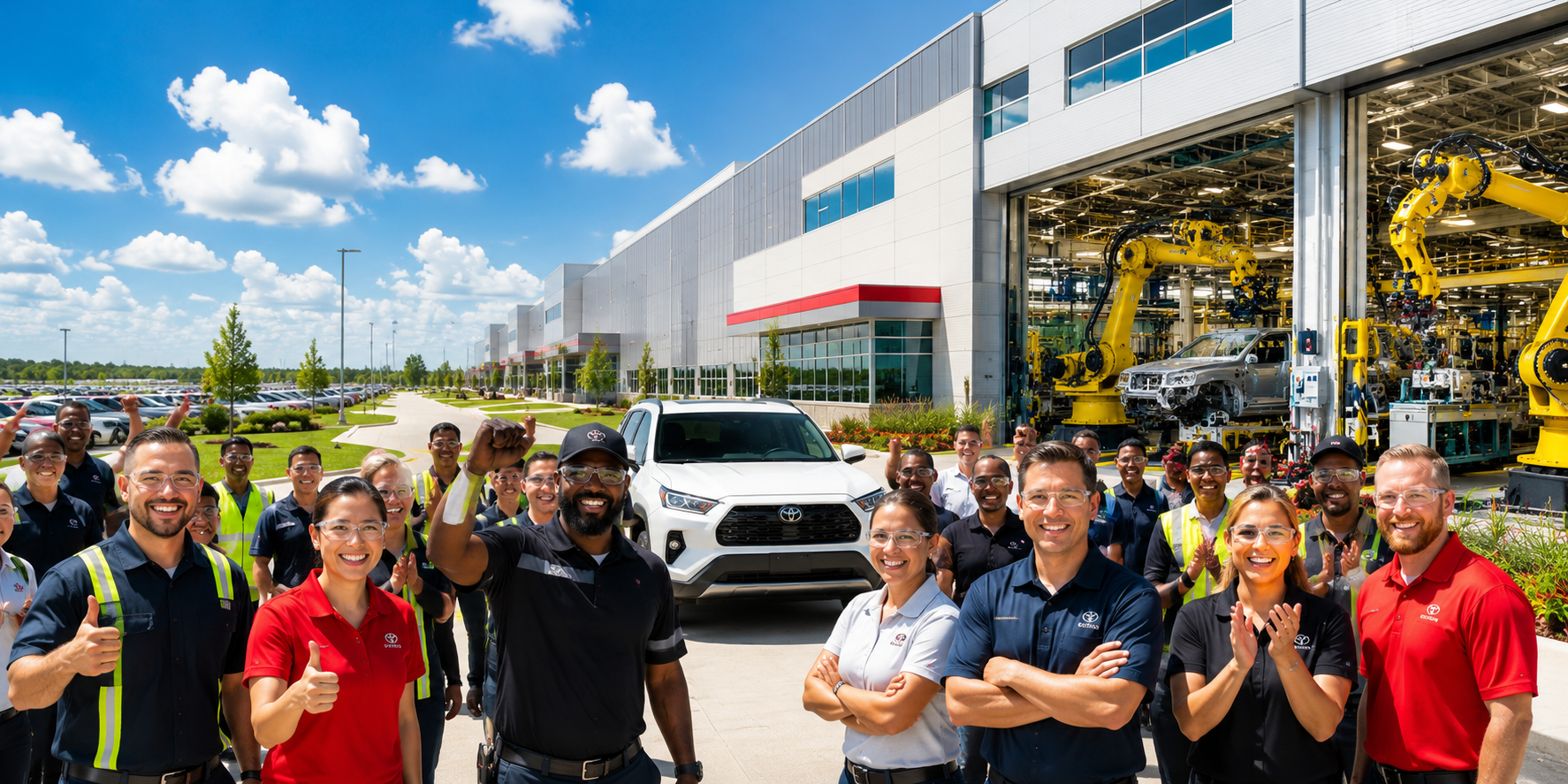 Toyota Employees gather outside a modern automotive manufacturing facility, symbolizing the workforce growth expected from Toyota's $3.6 billion investment in San Antonio, Texas on July 6, 2026 at 10:38 AM. Photo: Toyota