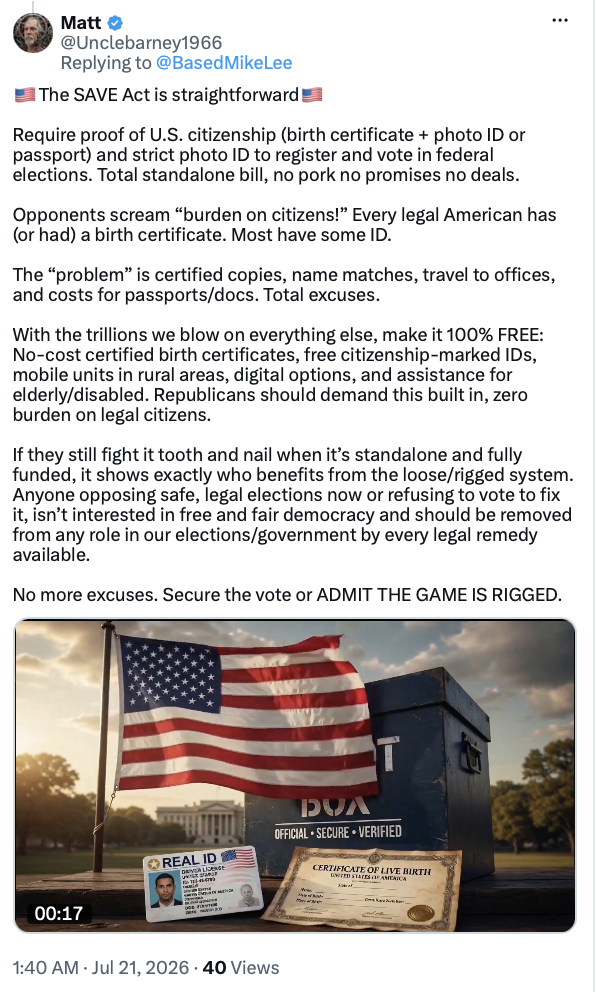 President Donald J. Trump posts a screenshot of a social media message, featuring images of a driver's license and a birth certificate, calling for citizenship proof to vote at WASHINGTON D.C.