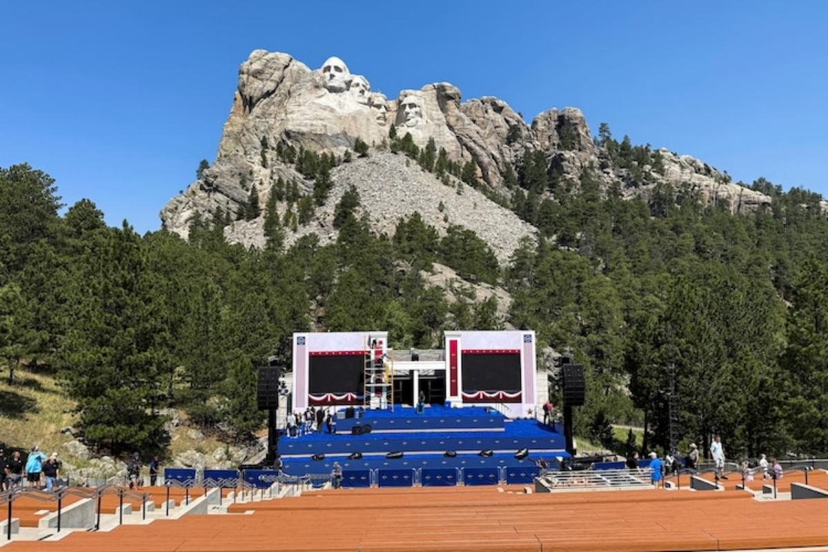 Members of the crew make final preparations as they set up a stage at Mount Rushmore National Memorial for the Fourth of July fireworks display, where President Donald Trump is expected to appear on July 2, 2026, in Keystone, South Dakota. Photo: Jane Rose/Reuters