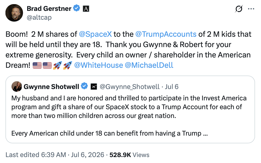 President Donald J. Trump posted a screenshot of a social media post on Truth Social on 07/27/2026.