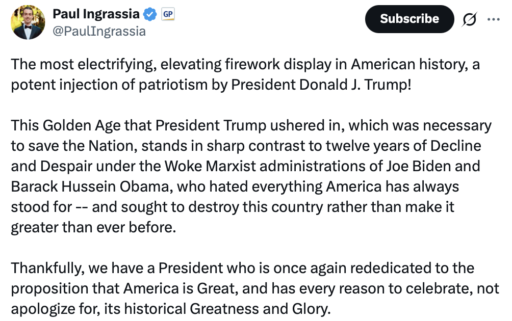 A screenshot of Paul Ingrassia's social media post is displayed on Truth Social on 07/27/2026. President Donald J.