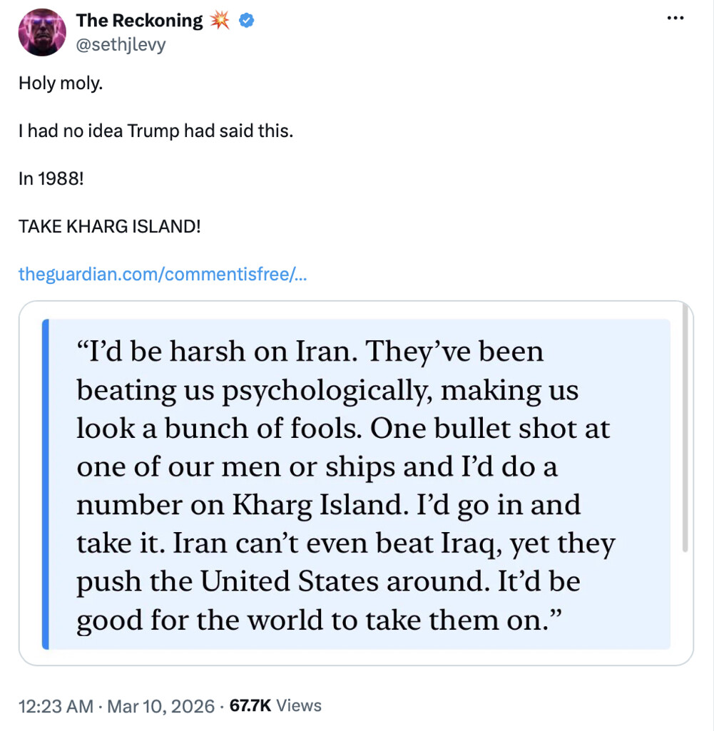 Donald J. Trump reshared a social media post at an unspecified location on 03/10/2026.