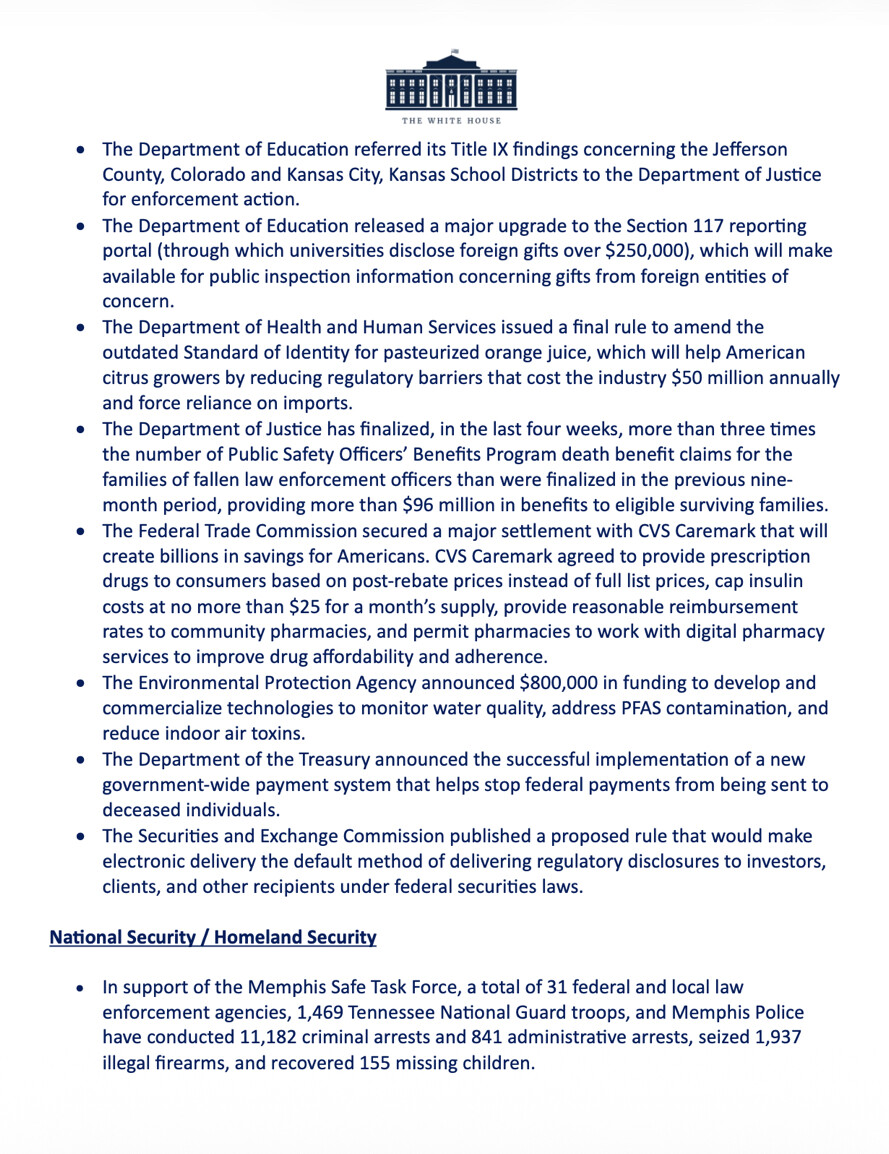 The White House published a document detailing policy achievements on Truth Social on 07/26/2026. This document is part of a communications strategy by the Trump White House to directly disseminate policy achievements to supporters via social media.