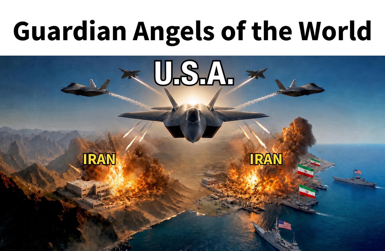 A digitally created illustration depicting U.S. military power as "Guardian Angels" protecting the world from Iran was published on Truth Social on 07/26/2026.
