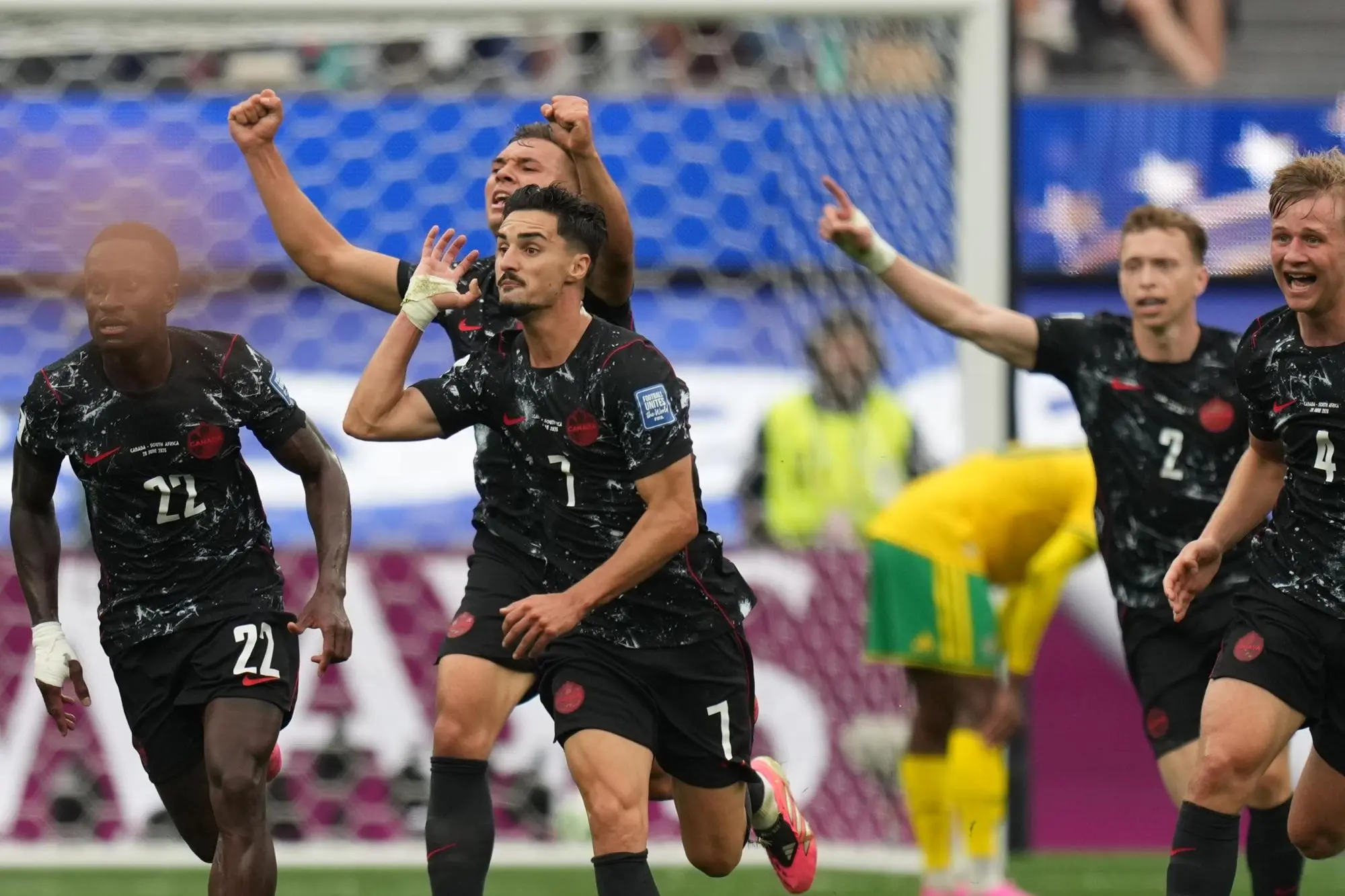 Stephen Estaquio leading the team to celebrate after scoring against South Africa in their round of 32 match in Los Angeles Stadium, Inglewood. on June 28, 2026 at 5:22 PM. Photo: Andre/Penner