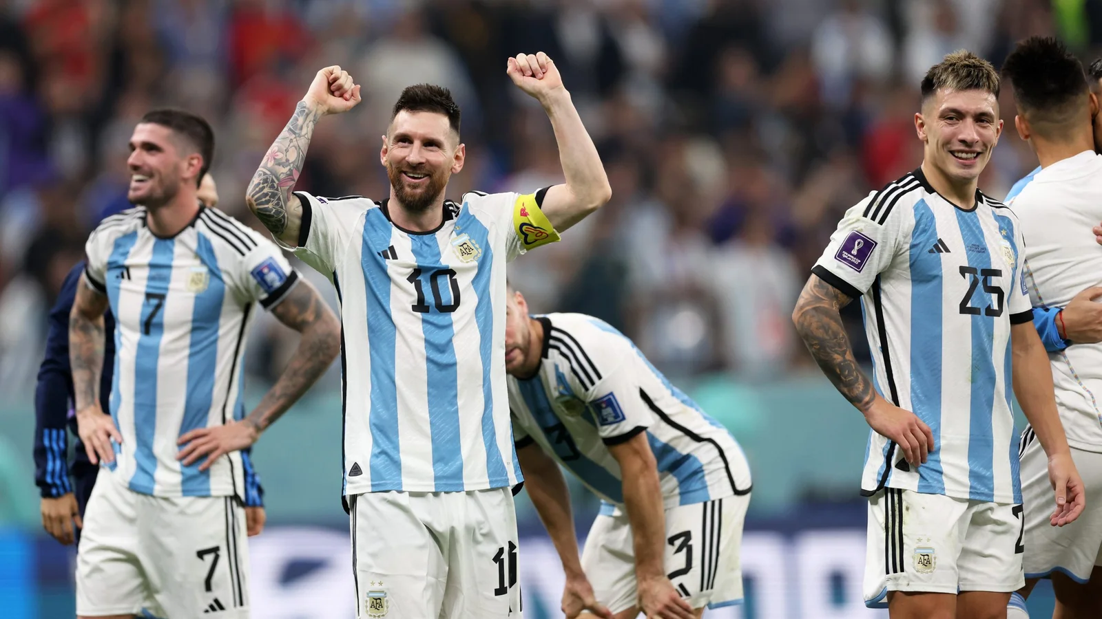 Lionel Messi and Argentina players Celebrate Argentina's 3-2 extra-time victory over Cape Verde in Mercedes-Benz Stadium, Atlanta, Georgia, USA on July 4, 2026 at 5:03 PM. Photo: Clive Brunskill/Getty Images. © 2026