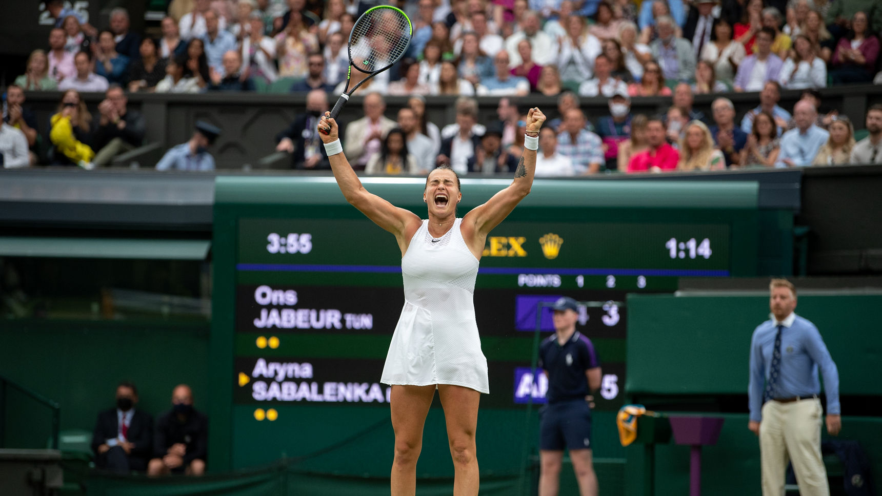 Aryna Sabalenka celebrates after winning against Ons Jabeur in the quarter-final of the Ladies' Singles on Centre Court at The Championships 2021 in All England Lawn Tennis Club on July 6, 2021 at 12:55 AM. Photo: AELTC/Jonathan Nackstrand