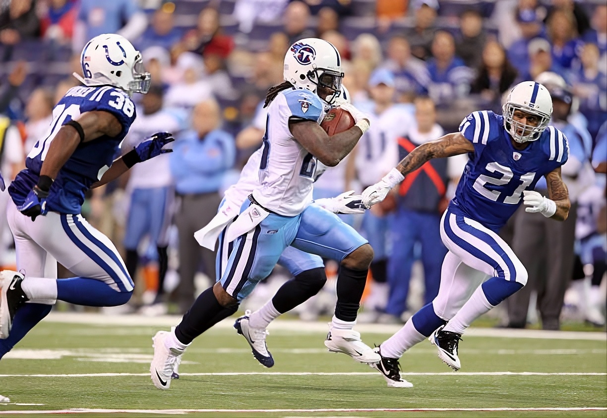 Chris Johnson #28 of the Tennessee Titans runs with the ball during the NFL game against the Indianapolis Colts in Indianapolis, Indiana at Lucas Oil Stadium on December 18, 2011 at 8:15 PM