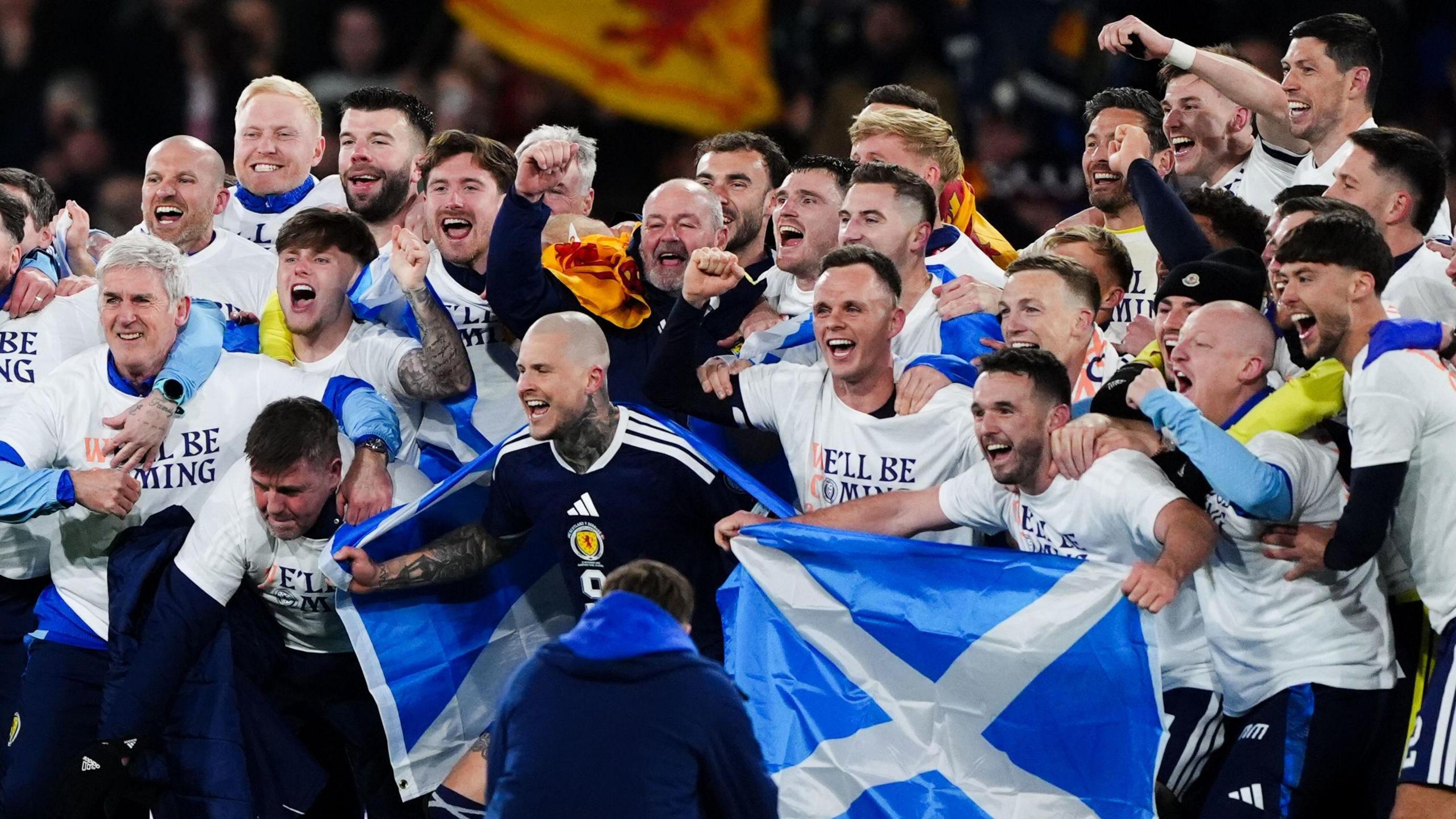 Scotland Players celebrating in Hampden Park Glasgow on November 18, 2025 at 5:03 PM. Rejoicing over the qualification for the 2026 FIFA World Cup since 1998. Photo: PA Media/PA Media