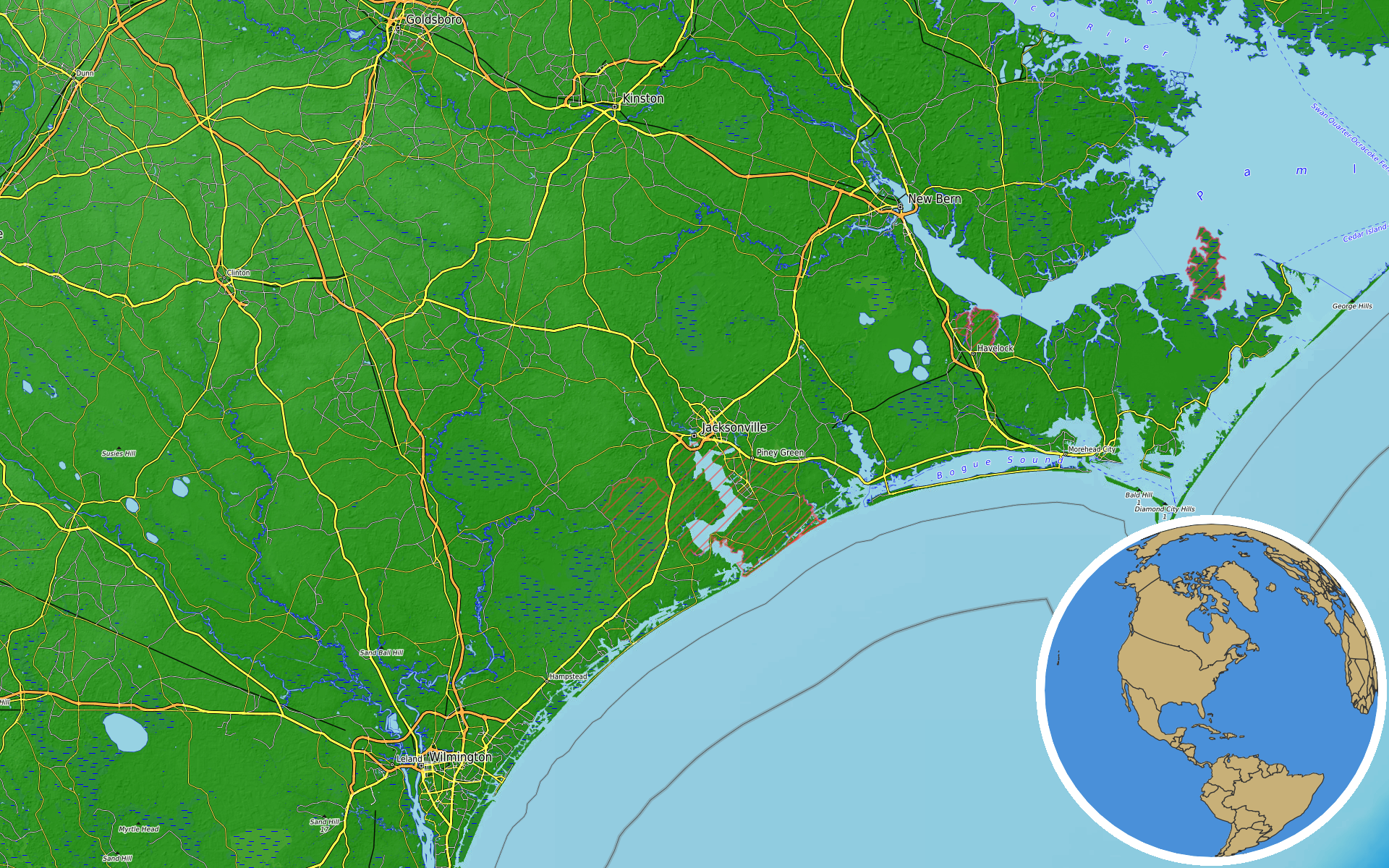 OpenTopoMap / Natural Earth - Jacksonville, North Carolina