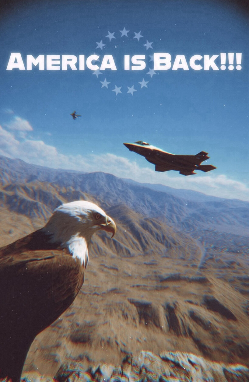 President Donald J. Trump posted a graphic featuring a bald eagle, stars, fighter jets, and the slogan 'AMERICA IS BACK!!!' on Truth Social on 07/26/2026.