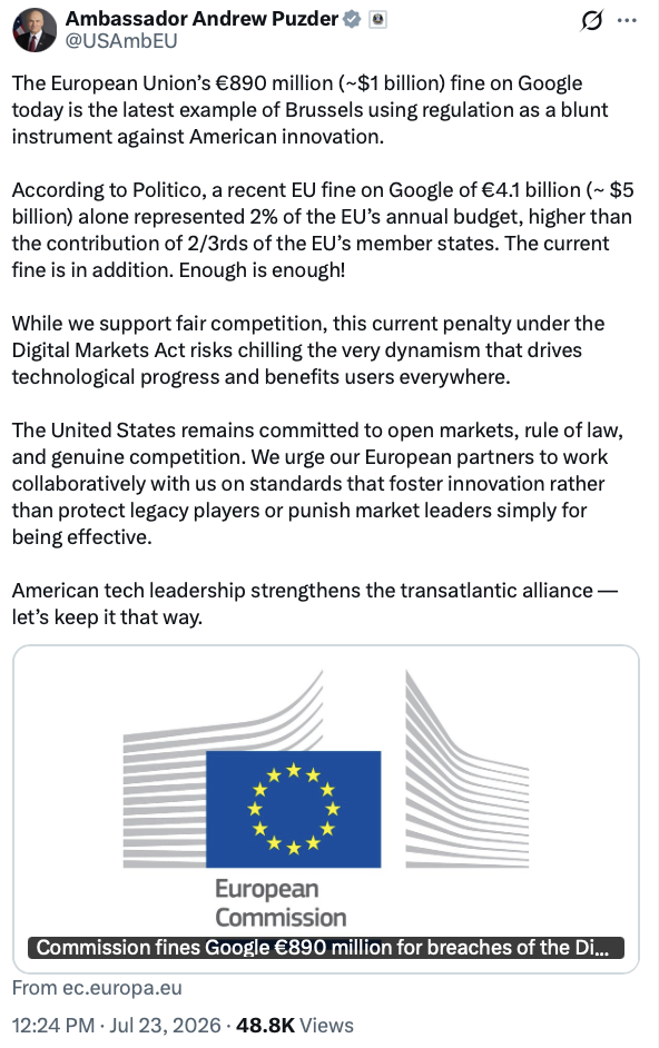 A social media post by United States Ambassador to the European Union Andrew Puzder is pictured in a screenshot at Washington D.C. on 07/26/2026.