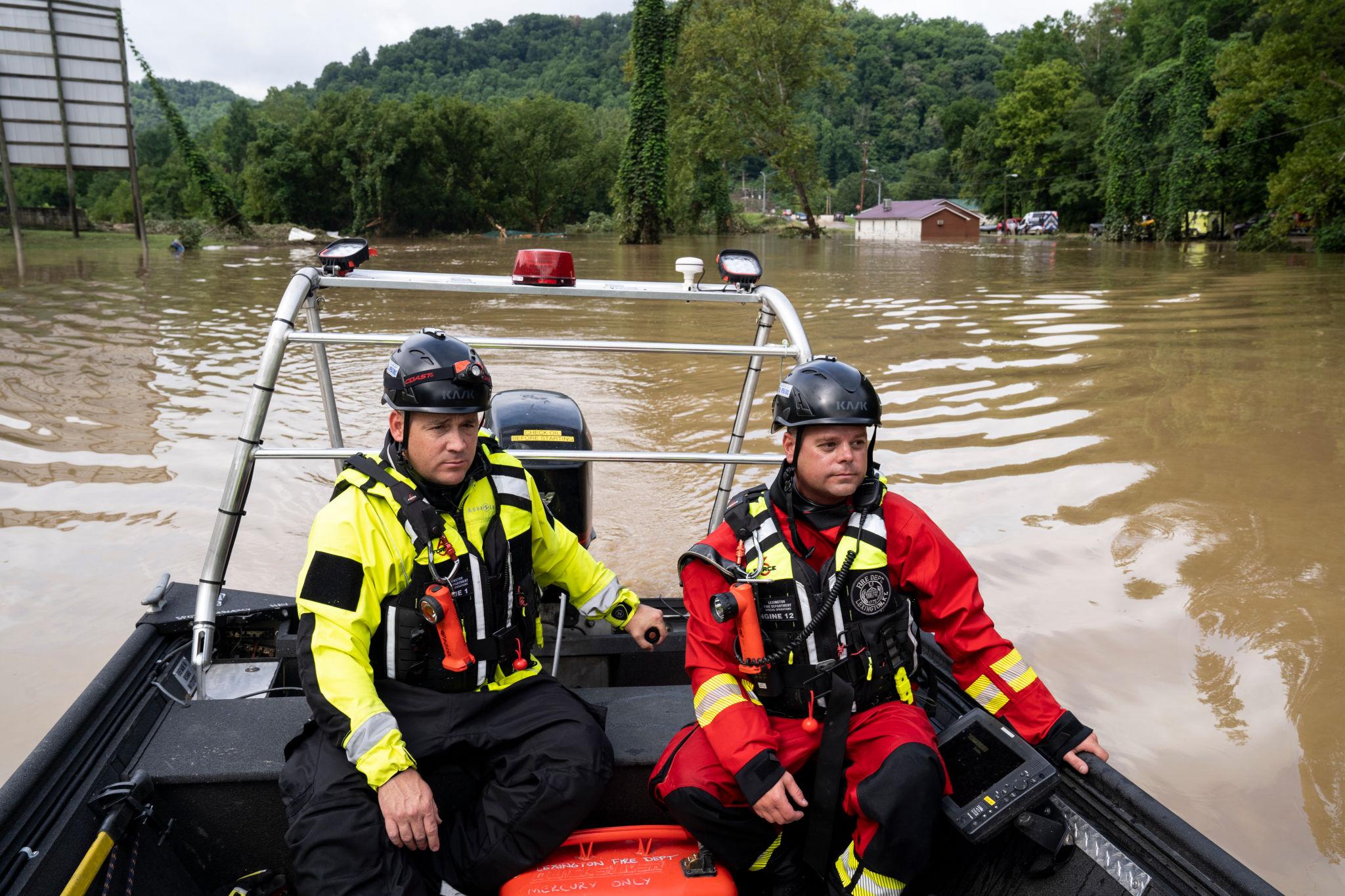 Tired rescue teams conduct water rescue operations as rapidly rising floodwaters trap residents in Kentucky on June 28, 2026 at 12:15 PM. Photo: AP/Reuters