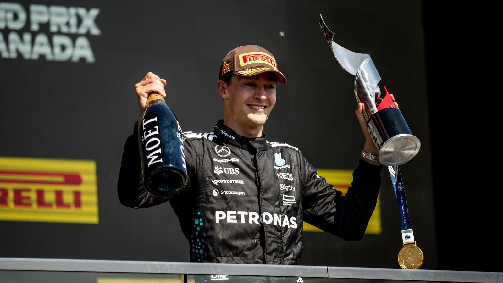 George Russell on the podium after winning the Austrian Grand Prix in Spielberg, Austria on June 27, 2026 at 10:54 PM. Photo: James/Reuters. © 2026