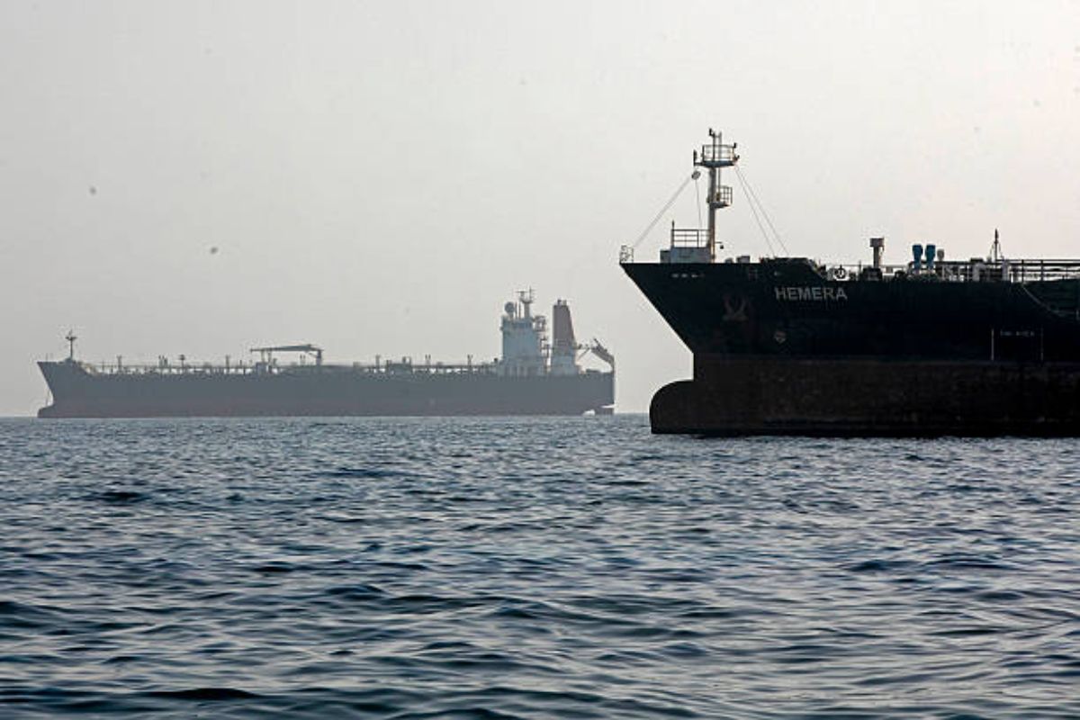 STRAIT OF HORMUZ, IRAN - MAY 16: A ship remains anchored on May 16, 2026 but since agreement has been reached shipping is expected to resume in (Photo by Majid Saeedi/Getty Images