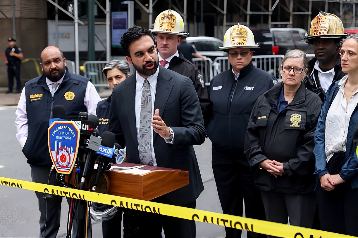 Zohran Mamdani, mayor of New York speaks to members of the media after reports of falling debris at 235 East 42nd Street during an office-to-residential conversion in New York on July 9, 2026 at 10:44 AM. Photo: Michael Nagle/Getty Images