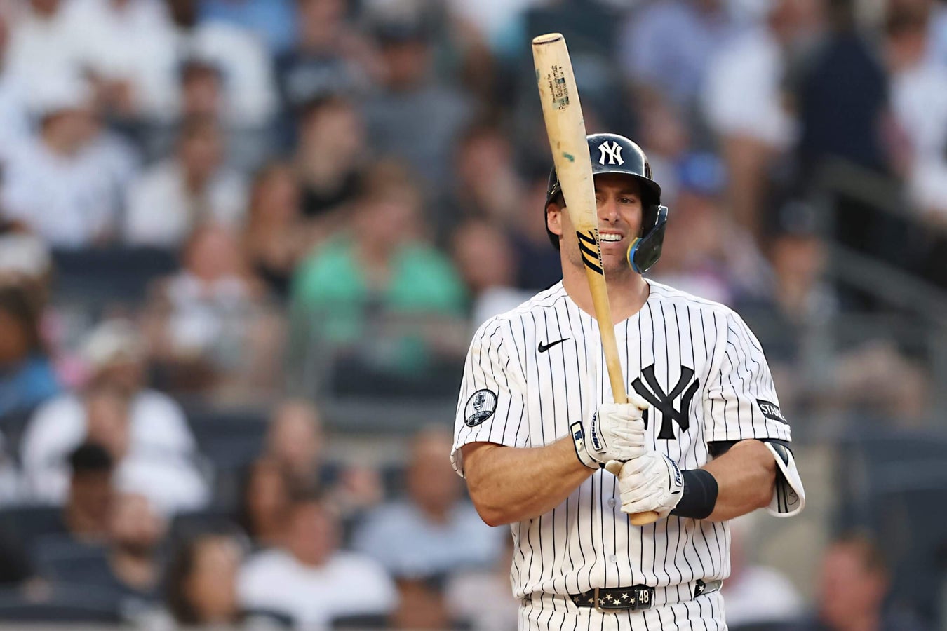 New York Yankees first baseman Paul Goldschmidt Reacts after an at-bat during the Yankees' game against the Seattle Mariners in New York, New York, USA on July 8, 2026 at 8:15 PM. Photo: Heather Khalifa/Associated Press. © 2026