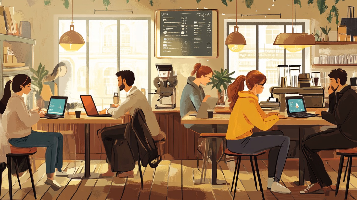 Conceptual illustration of young professionals and freelancers, depicting remote workers using laptops in a café in New York on July 6, 2026 at 9:26 PM. Photo: Richard/Reuters. © 2026