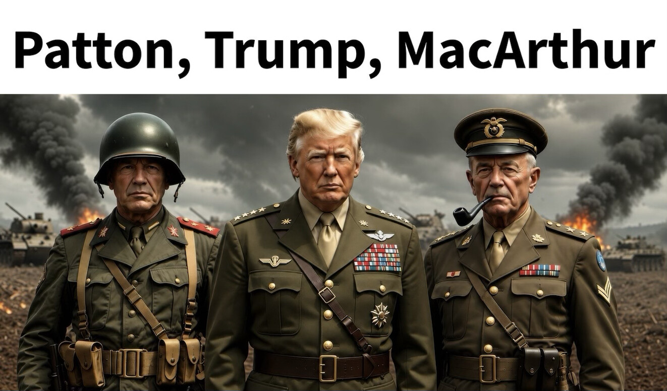 47th President of the United States Donald J. Trump is depicted in a composite image, wearing a military uniform and flanked by figures resembling Gen.