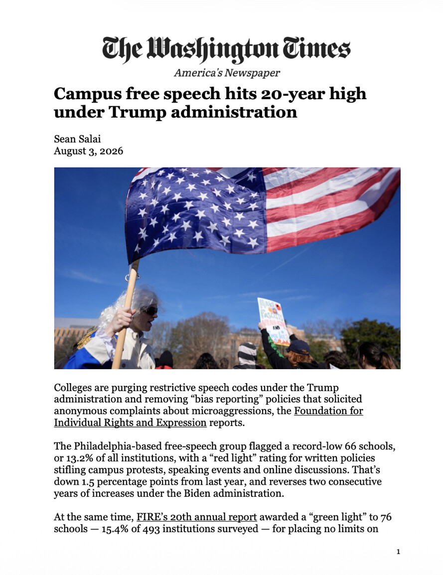 Trump Touts Report Showing Campus Free Speech at 20-Year High