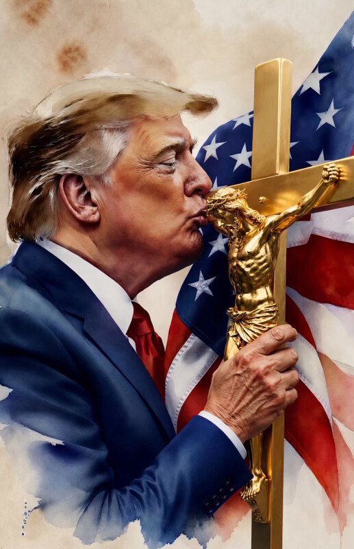 A digitally rendered watercolor image depicts a figure resembling Donald J. Trump kissing a crucifix at WASHINGTON D.C.