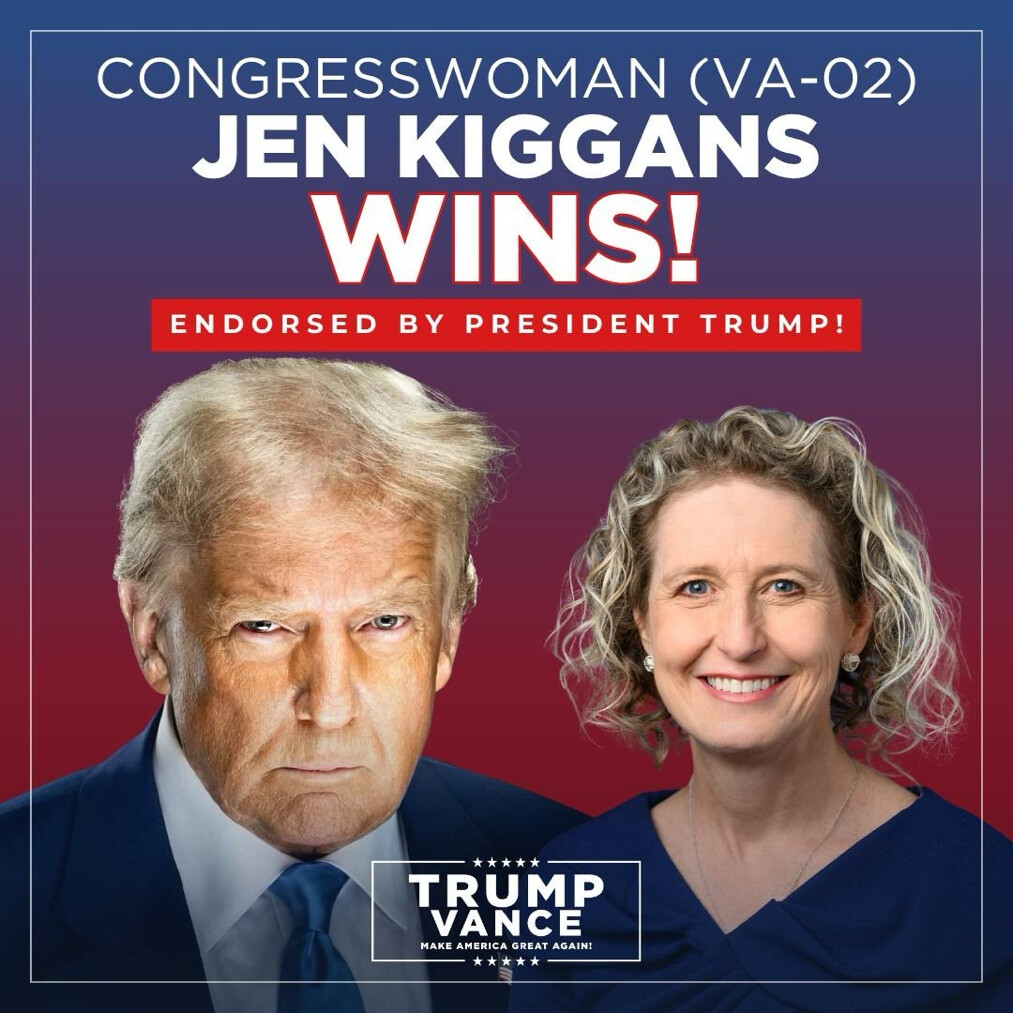 A promotional graphic featuring Congresswoman Jen Kiggans and President Donald J. Trump is displayed on Truth Social on 08/04/2026.