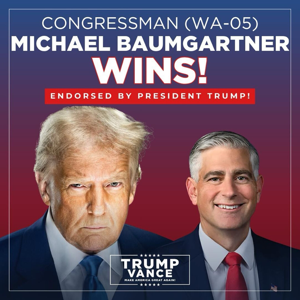 A red-and-blue campaign graphic featuring President Donald J. Trump and Representative Michael Baumgartner is displayed on Truth Social at Washington D.C.