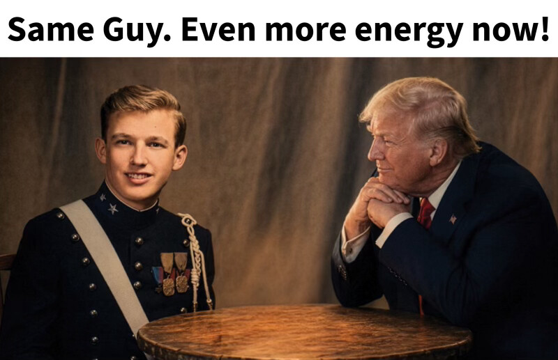 President Donald J. Trump posted a composite image depicting a young man in military uniform and an older figure resembling himself at WASHINGTON D.C.